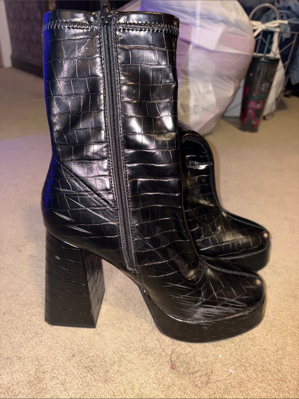 Black Croc-Embossed Platform Ankle Boots